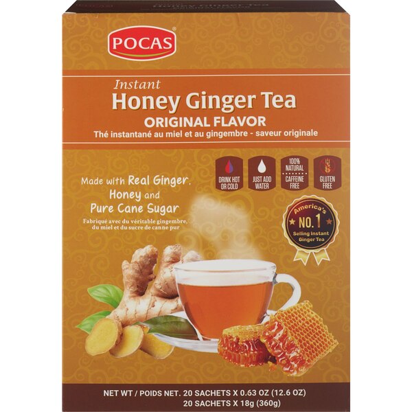 POCAS Instant Honey Ginger Tea, Original Flavor, 12.7 OZ, 20 CT