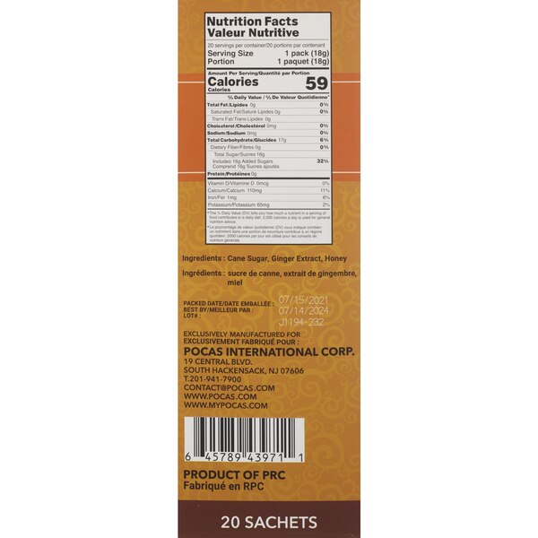 POCAS Instant Honey Ginger Tea, Original Flavor, 12.7 OZ, 20 CT