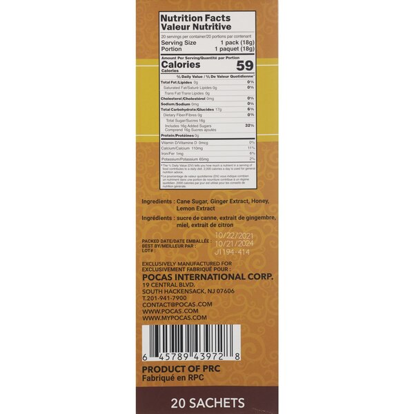 Pocas Instant Honey Ginger Tea with Lemon, 20 CT