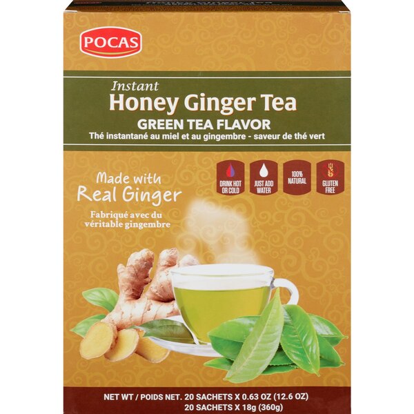 POCAS Instant Honey Ginger Tea, Green Tea Flavor, 12.6 OZ, 20 CT