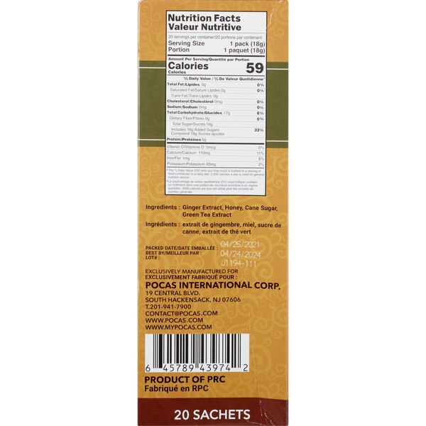 POCAS Instant Honey Ginger Tea, Green Tea Flavor, 12.6 OZ, 20 CT