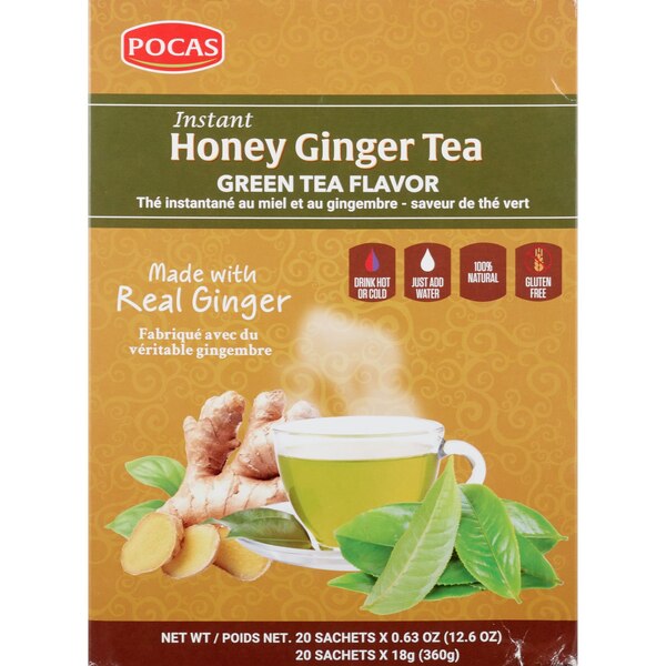 POCAS Instant Honey Ginger Tea, Green Tea Flavor, 12.6 OZ, 20 CT