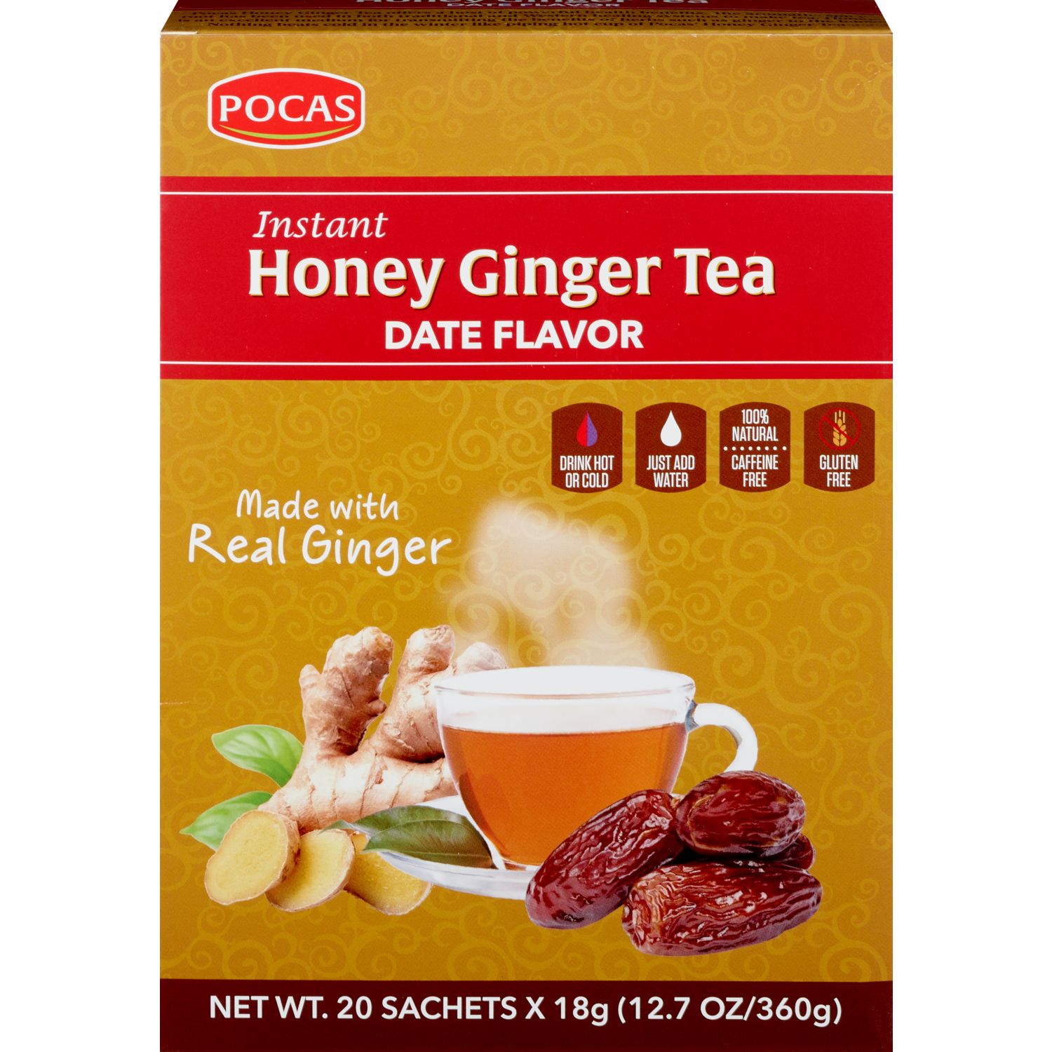 Pocas Honey Ginger Tea Powder Sachets with Date, 20 CT