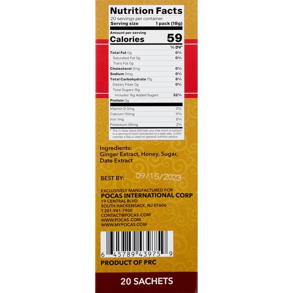 Pocas Honey Ginger Tea Powder Sachets with Date, 20 CT