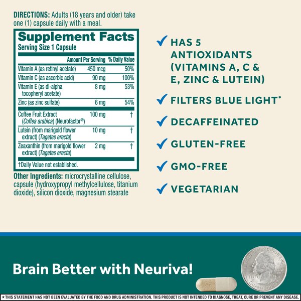 Neuriva Brain + Eye Health Capsules with Vitamins A & C, Lutein and Zeaxanthin, 30 CT