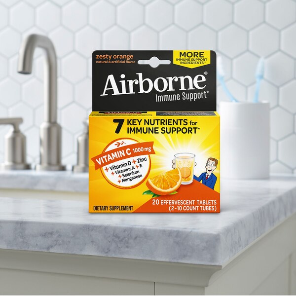 Airborne Vitamin C and Immune Support Supplement, Zesty Orange Effervescent Tablets, 20 CT