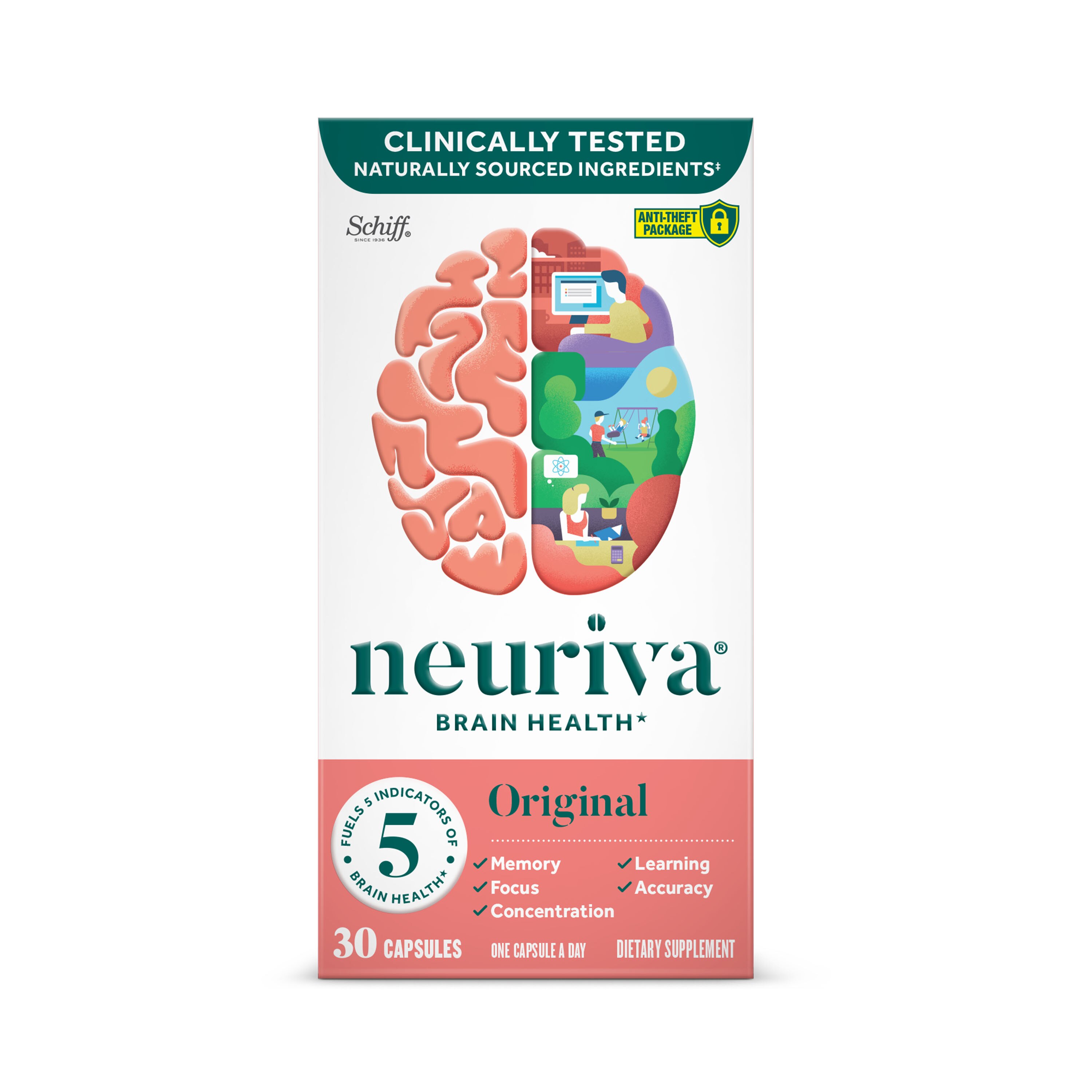 Neuriva Original - Suplemento dietario para el buen funcionamiento del cerebro, ayuda a la atención, memoria, aprendizaje, precisión y concentración, 30 u.
