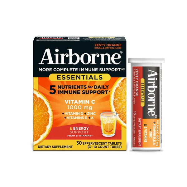 Airborne Immune Essentials, Vitamin-C 1000 MG Effervescent Tablets, Zesty Orange, 30 CT