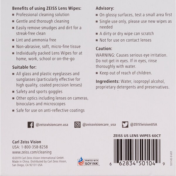 Zeiss Lens Wipes, 60 CT