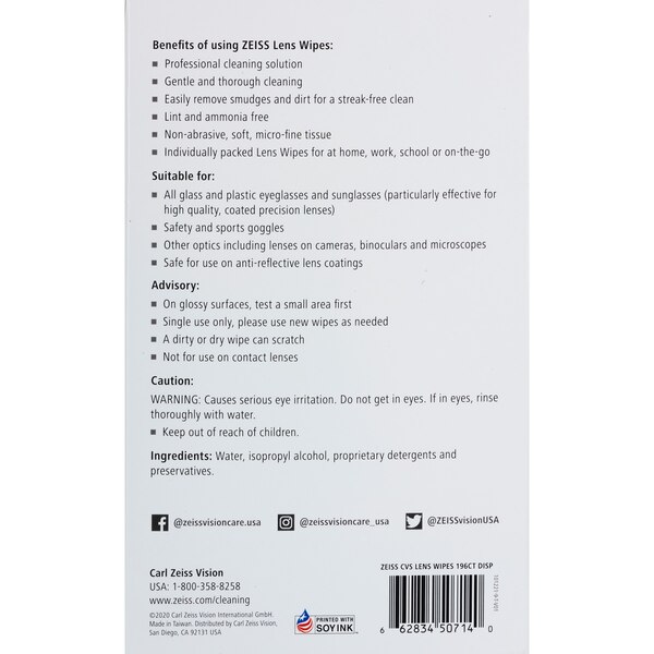 Zeiss Lens Wipes, 196 CT