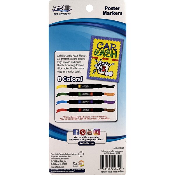 ArtSkills Dual-Ended Chisel Tip Poster Markers, 8 Classic Colors, 4 ct