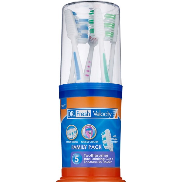Dr. Fresh Velocity - Paquete familiar, 5 cepillos dentales más vaso y soporte para cepillos