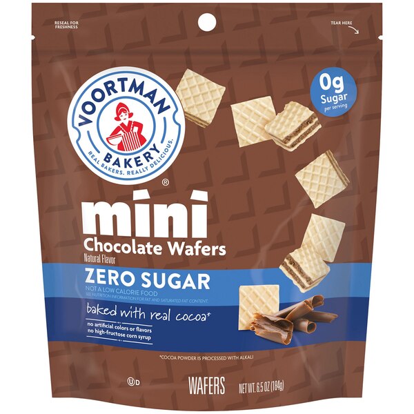 Voortman Zero Sugar Mini Wafers, Chocolate, 6.5 oz