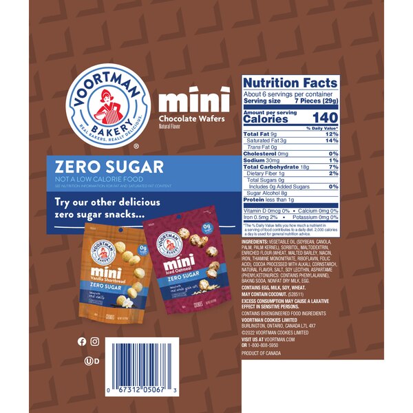 Voortman Zero Sugar Mini Wafers, Chocolate, 6.5 oz