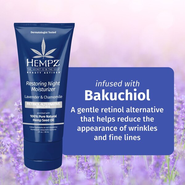 Hempz Lavender & Chamomile Restoring Night Facial Moisturizer with Bakuchiol, 3 OZ