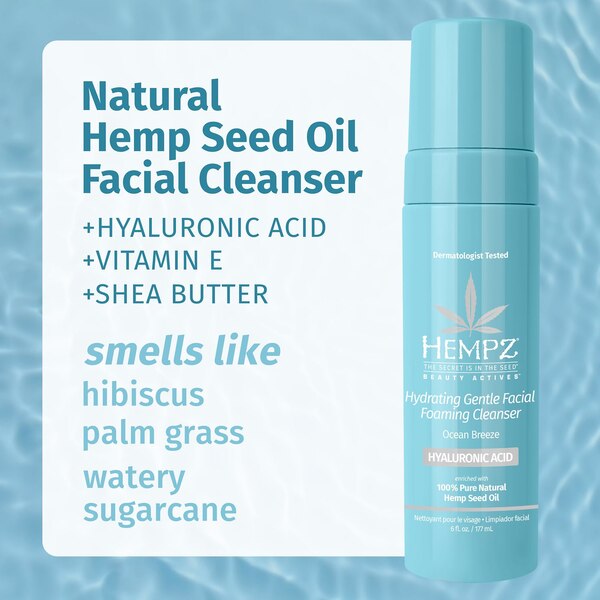 Hempz Hydrating Gentle Facial Foaming Cleanser with Hyaluronic Acid, Ocean Breeze, 6 OZ