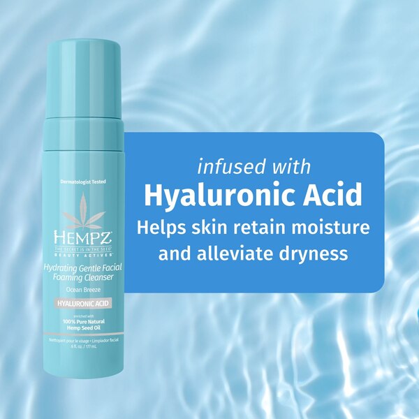Hempz Hydrating Gentle Facial Foaming Cleanser with Hyaluronic Acid, Ocean Breeze, 6 OZ