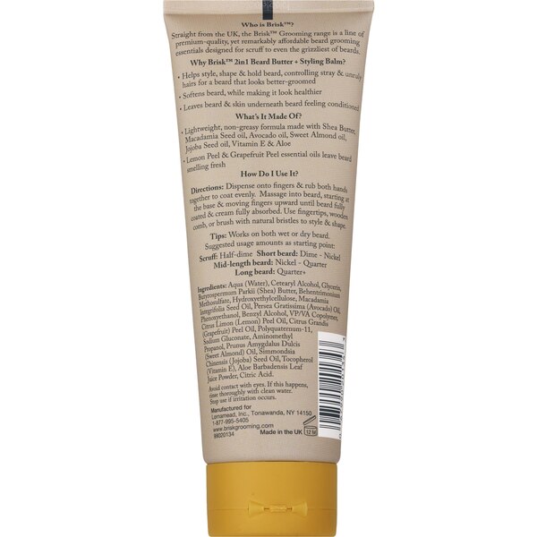 Brisk Grooming 2-in-1 Beard Butter & Styling Balm, Citrus, 4 OZ