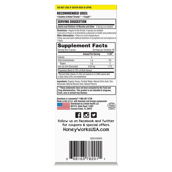 HoneyWorks Organic Honey Soothing Throat Spray with Zinc, 1 OZ