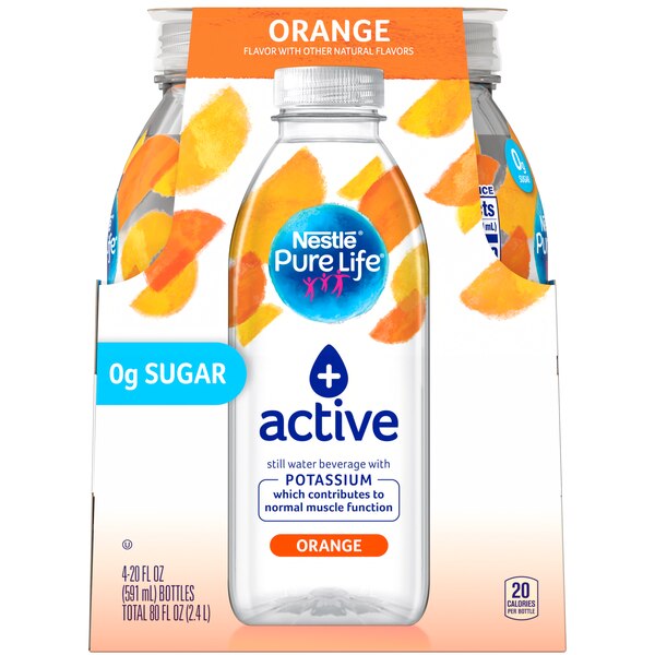 Pure Life + Active Orange Flavored Water with Potassium, 20 OZ Bottles, 4 PK