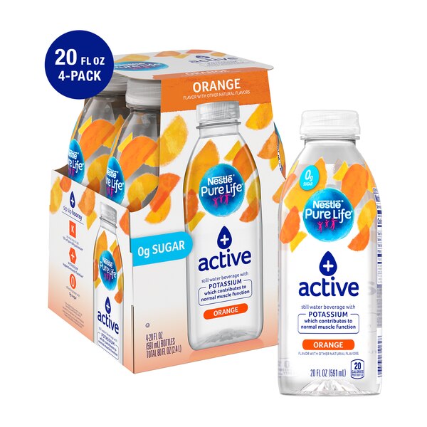 Pure Life + Active Orange Flavored Water with Potassium, 20 OZ Bottles, 4 PK