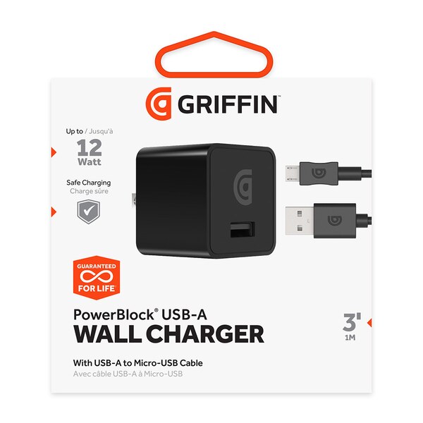 Griffin PowerBlock Universal USB-A 12W Wall Charger with USB-A to Micro-USB Cable - Black. Lifetime Warranty.