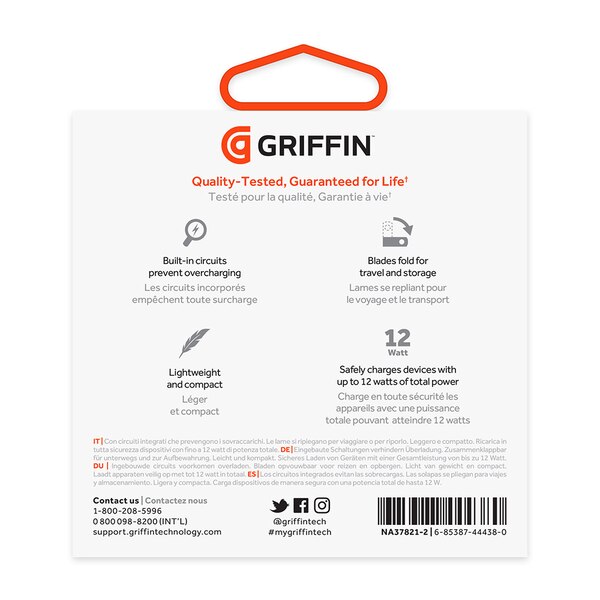 Griffin PowerBlock Universal USB-A 12W Wall Charger with USB-A to Micro-USB Cable - Black. Lifetime Warranty.