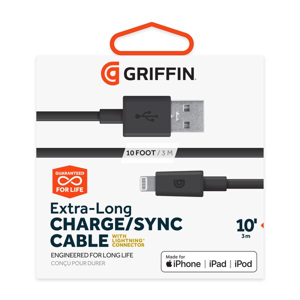 Griffin Extra Long USB-A to Lightning Cable, Black, 10 ft