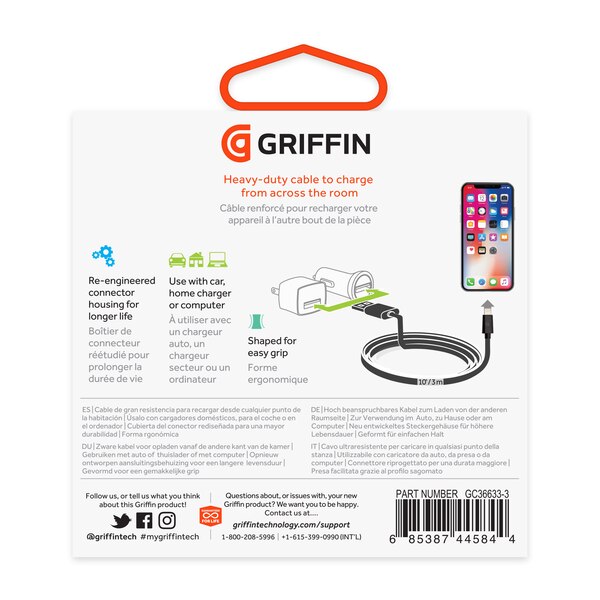 Griffin Extra Long USB-A to Lightning Cable, Black, 10 ft