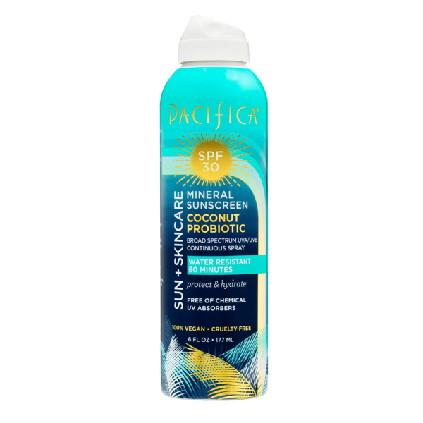 Pacifica Sun + Skincare Mineral Sunscreen Coconut Probiotic Spray SPF 30, 6 OZ