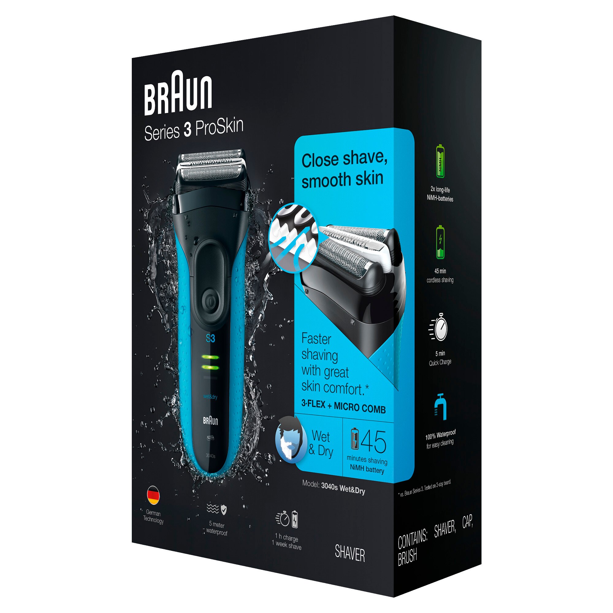 Braun Series 3 ProSkin 3040s - Afeitadora para usar en seco y húmedo, con cable, tapa protectora, cepillo