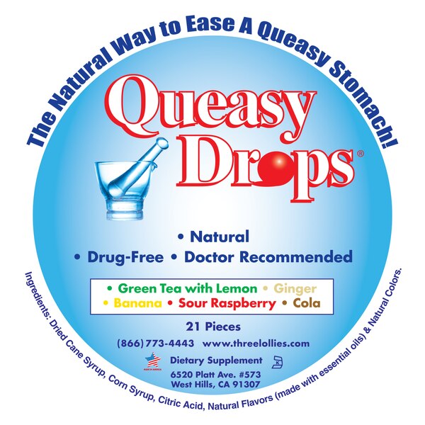 Queasy Drops, 21 CT, Green Tea with Lemon, Ginger, Banana, Sour Raspberry and Cola