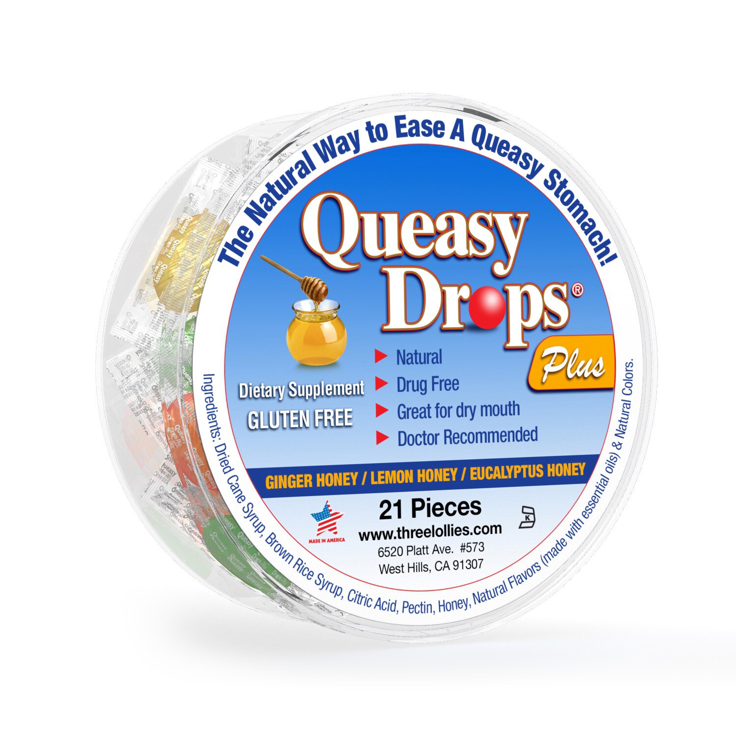 Queasy Drops Plus, 21 CT, Ginger Honey, Lemon Honey and Eucalyptus Honey