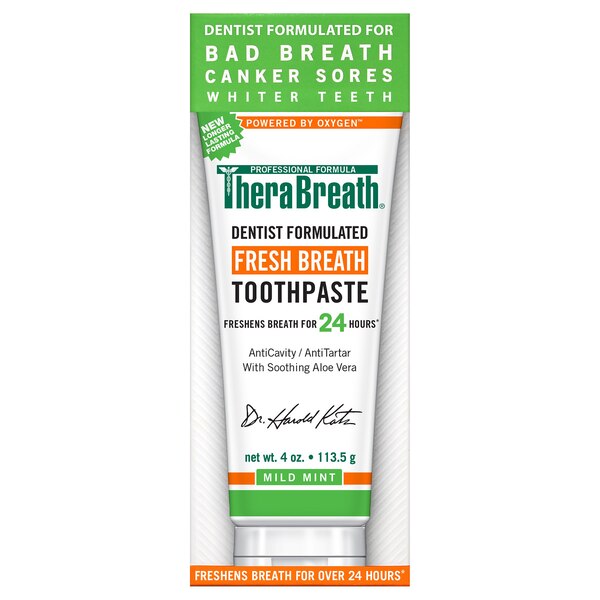TheraBreath Fresh Breath Anticavity Toothpaste with Soothing Aloe Vera, Mild Mint, 4 OZ