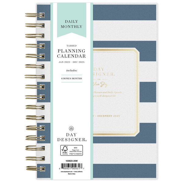 Blue Sky 2025 Planning Calendar, Day Designer Navy Blue Stripe, Daily & Monthly