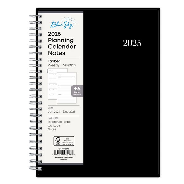 Blue Sky 2025 Planning Calendar Notes, Black, Weekly & Monthly
