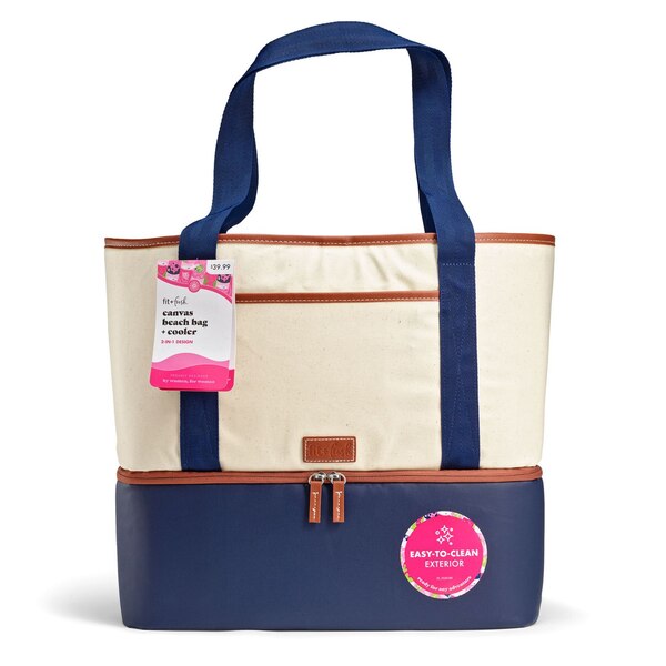 Fit & Fresh 2-in-1 Dual Canvas Cooler & Beach Tote, Natural & Navy