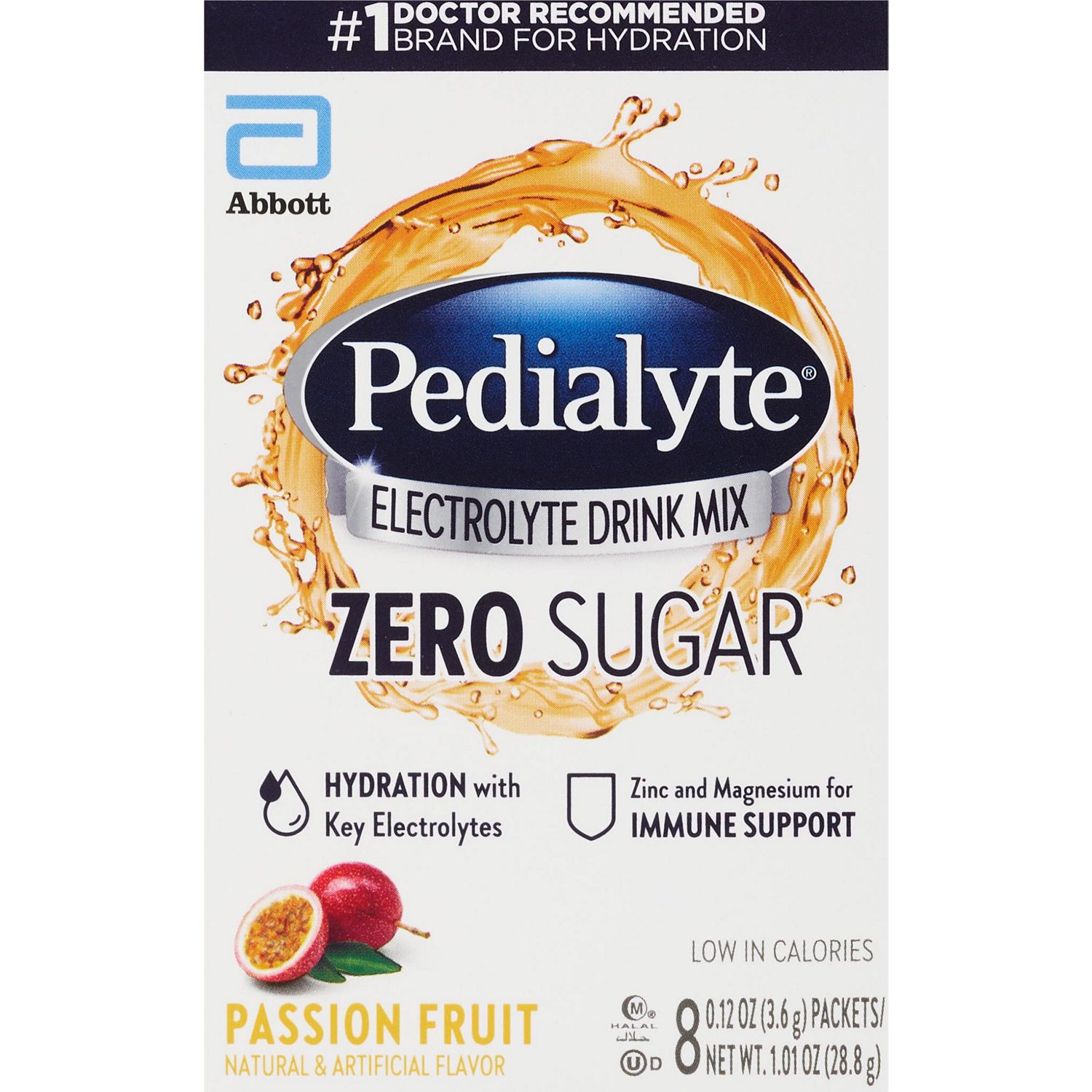 Pedialyte, Zero Sugar Electrolyte Powder, Passionfruit, 8 ct, 0.12 oz