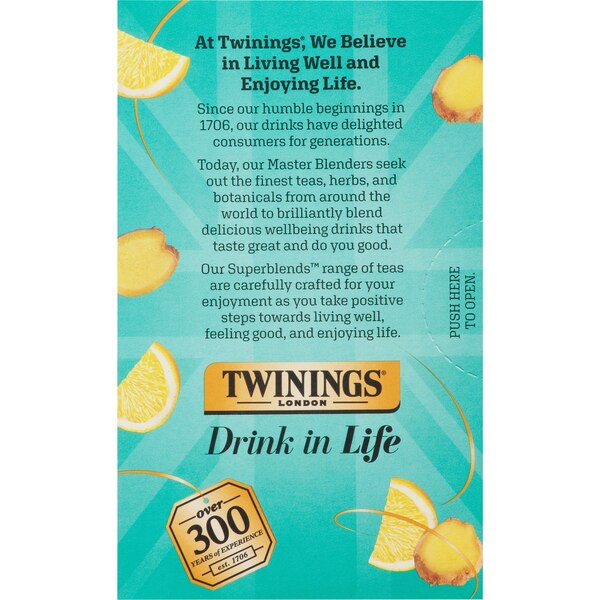 Twinings Superblends Probiotics+ Lemon & Ginger Flavoured Herbal Tea, Caffeine-Free, 18 ct, 0.95 oz