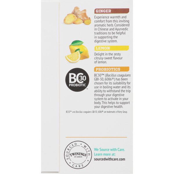 Twinings Superblends Probiotics+ Lemon & Ginger Flavoured Herbal Tea, Caffeine-Free, 18 ct, 0.95 oz