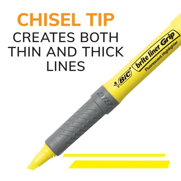 BIC Brite Liner Grip Highlighters, Chisel Tip (1.6 mm), Classic Yellow, 2 ct