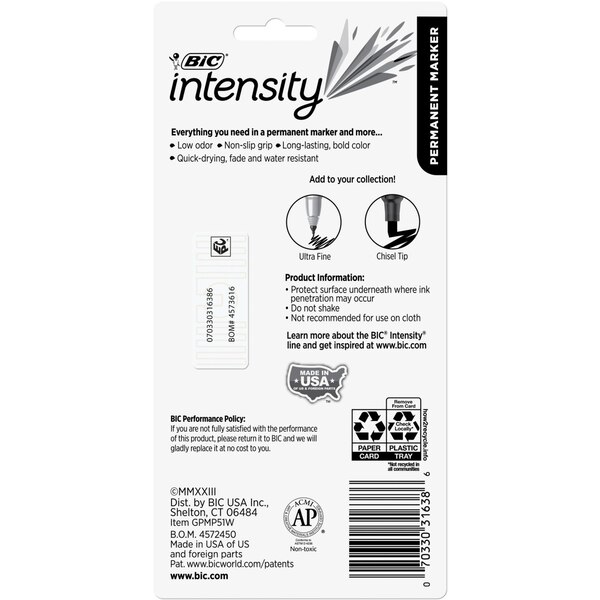 BIC Intensity Permanent Markers, Assorted Colors, Fine Point, 5 ct