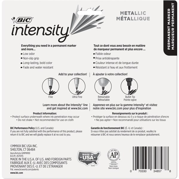 BIC Intensity Metallic Permanent Markers, 8 Colors, Fine Point, 8 ct