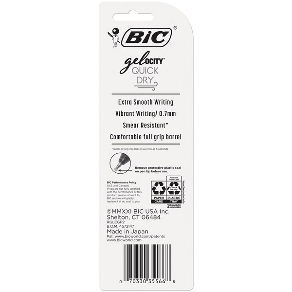 BIC Gel-ocity Quick Dry Gel Pen, Medium Point, Black, 2 ct