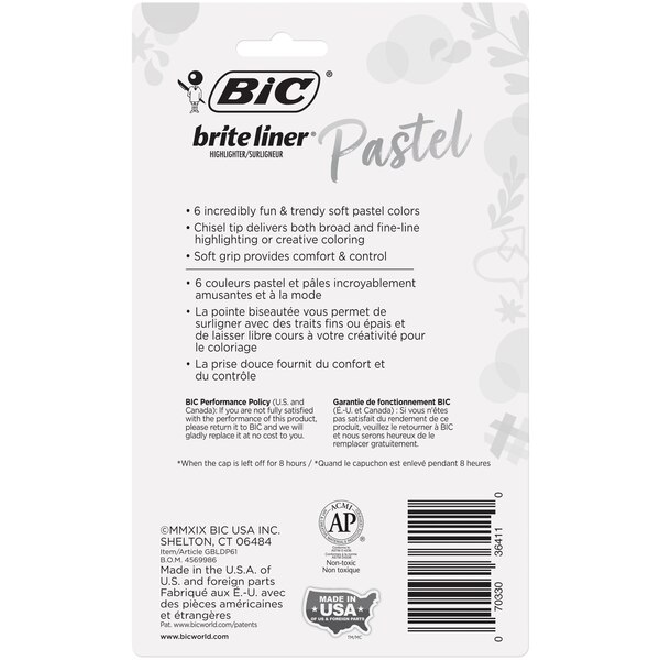 BIC Brite Liner Pastel Grip Highlighter Set, Chisel Tip, Assorted Colors, 6 ct