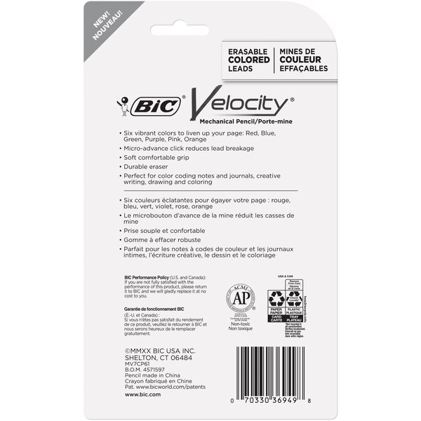 BIC Velocity Mechanical Pencil with Colored Leads, 0.7 mm, 6-Pack, 6 Vibrant Colors, Perfect for Drawing and Journaling