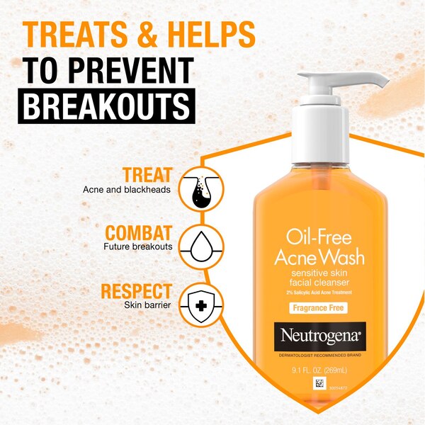 Neutrogena Oil-Free Salicylic Acid Acne Fighting Face Wash For Sensitive Skin, Fragrance-Free, 9.1 OZ