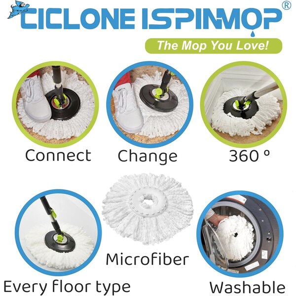 CICLONE ISPINMOP 360° Rotating Mop and Bucket with Wheels, Green & Black