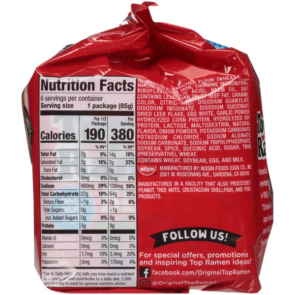 Nissin Top Ramen Noodle Soup, Beef Flavored, 6 ct, 18 oz