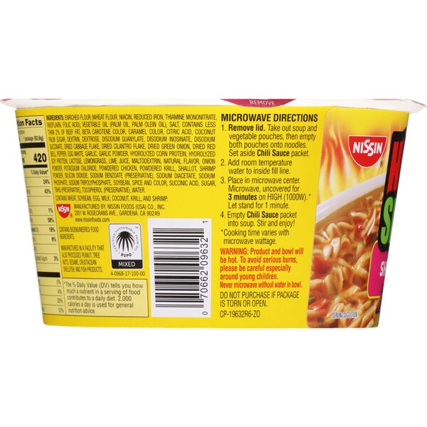 Nissin Ramen Noodle Soup, Hot & Spicy Shrimp, 3.27 oz